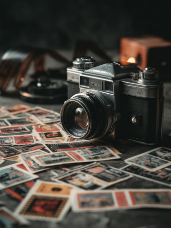 A vintage camera is placed on a dark surface surrounded by colorful film stickers, all illuminated by a soft light, creating a nostalgic ambiance.の素材