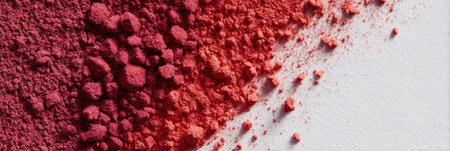 Sindoor powder grains are presented in a close-up arrangement on smooth white paper, emphasizing their rich colors and textures in an organized layout.の素材