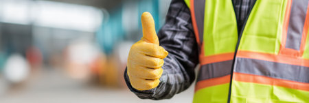 A worker wearing a safety vest and gloves is giving a thumbs up in a clear zone, highlighting a commitment to safety and operational readiness.の素材