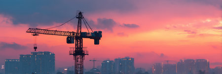 A construction crane stands tall during twilight, reflecting the vibrant colors of the sky and the illuminated buildings below as night approaches.の素材