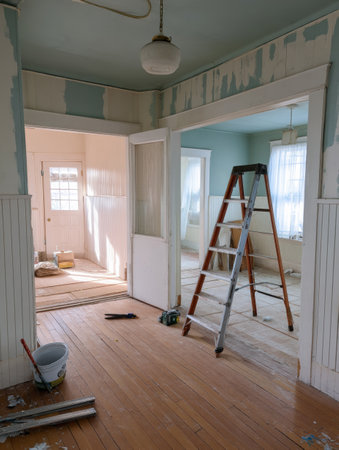 Construction work is underway with a ladder and various tools present highlighting the effort to renovate the interior of the house.の素材