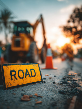 Road repair sign in the foreground with blurred construction equipment and traffic cones, indicating ongoing repair work during golden hour light.の素材