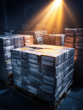 Stacked pallets of materials illuminated by overhead light, a barcode scanner positioned in the foreground, showcasing inventory management in action.の素材