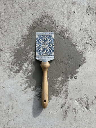 Tile adhesive spatula placed on flat concrete shows a fresh pattern sample, highlighting surface preparations for an upcoming tiling task.の素材