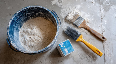 A bucket filled with tile adhesive sits alongside paintbrushes and a scraper on the concrete floor, indicating ongoing renovation work at the site.の素材