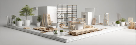 Construction site displays a variety of materials and tools arranged on a white base, emphasizing organizational design and minimal aesthetics.の素材