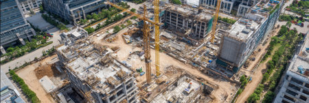 Cranes tower over a construction site as workers and machinery are busy shaping new structures in a developing urban landscape under a clear skyの素材