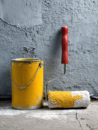 A vibrant yellow paint can sits beside a paint roller on a concrete floor, signaling the start of a refreshing paint job in a home renovation effort.の素材