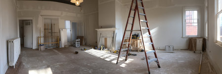 An ongoing interior renovation showcases a spacious room with a ladder and various tools scattered around, while the top area remains unoccupied.の素材