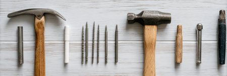 Hammer and assorted nails are neatly arranged on a wood texture surface, ideal for carpentry activities and home improvement tasks focused on DIY projects.の素材