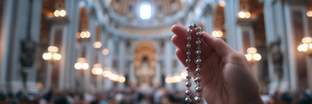A hand displays a rosary in front of St. Peters Basilica, capturing a moment of prayer and reflection in the splendid interior of the historic church.の素材