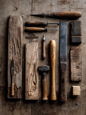 Carpenter tools and treated wood boards are laid out flatly on a wooden surface, showing their textures and craftsmanship in a well-organized manner.の素材
