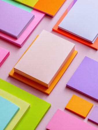 Colorful sheets are arranged attractively on a flat surface, showing vibrant options for stickers, crafting, and organization in a playful setupの素材