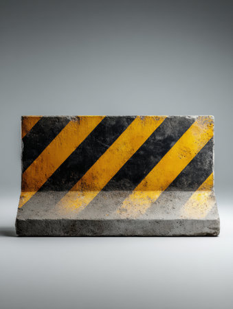 A concrete barrier with yellow and black stripes serves construction safety, featuring an empty left side for possible signage.の素材