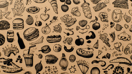 Creative collage features diverse food doodles on a kraft background, allowing for customization or artistic embellishments in the open area above.の素材