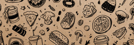 Colorful sticker doodles of various foods arranged on a kraft texture background, with open space at the top for customization or personal messages.の素材