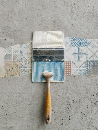 Tile adhesive spatula is placed on a decorative pattern sample across a flat concrete surface, indicating preparation for a tiling project in progress.の素材