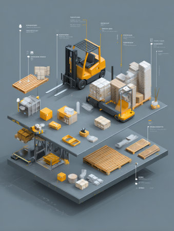 A clear diagram of a material handling setup featuring labeled forklifts, pallets, and equipment arranged methodically.の素材