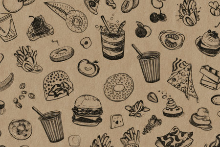 Whimsical food doodles are creatively arranged in a sticker collage on a kraft-textured surface, leaving the upper third open for additional designs or text.の素材