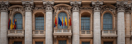 Papal balcony of St. Peters features a stunning display of flags, showcasing architectural grandeur and elegance against the backdrop of Vatican City.の素材