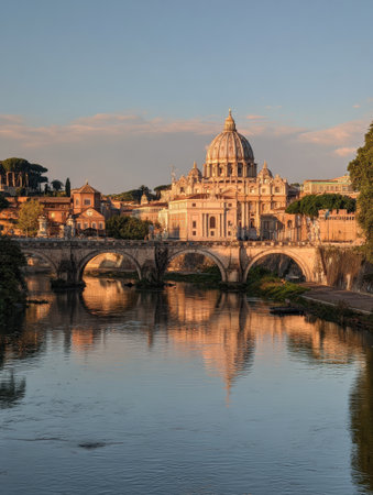 Soft evening light casts a warm glow over St Peters Basilica, reflected in the Tiber River as the sky transitions to twilight, creating a tranquil atmosphere.の素材