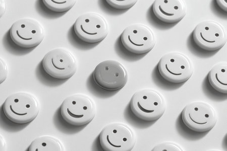 A grid of monochrome emoji stickers features numerous smiling faces, with a soft smiley placed at the center, enhancing the playful theme.の素材