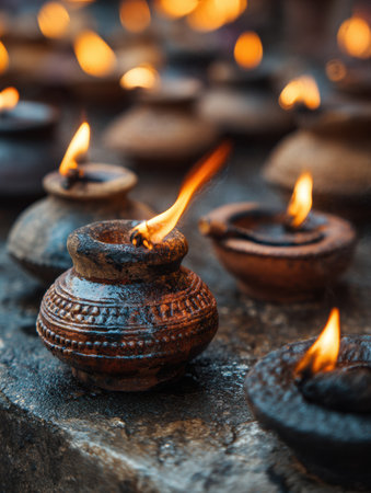 Clay oil lamps light up the temple at dusk, casting a warm glow as devotees gather for prayer and meditation, enhancing the sacred ambiance.の素材