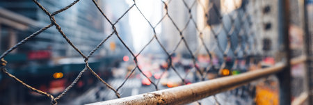 Scaffolding and netting encompassing an urban street while city life buzzes below; vehicles and pedestrians navigate through the blurred cityscape.の素材