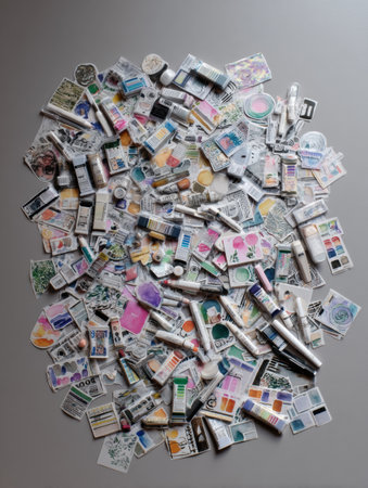 A vibrant collection of art supply stickers is arranged over a gray surface, showing various colors and designs, inviting creativity and inspiration.の素材