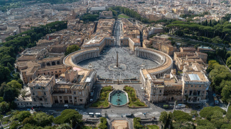 Stunning aerial perspective of Vatican Museums reveals intricate architecture and historical significance surrounded by lush greenery and urban landscape.の素材