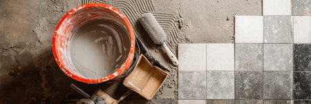 Bucket of tile adhesive and various tools placed on floor of construction site; preparing for tiling work in interior renovationの素材