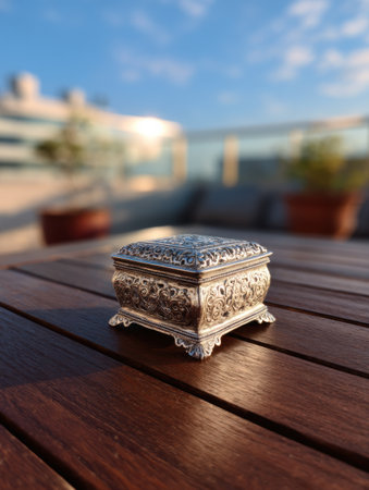 The ornate silver sindoor box sits elegantly on a wooden table, surrounded by a clear blue sky and lush greenery in the background, creating a peaceful scene.の素材