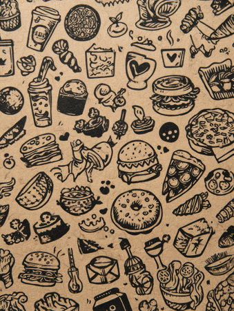 Vibrant food doodles create a playful sticker collage on kraft paper, displaying diverse dishes and an open area at the top for creative additions or notesの素材