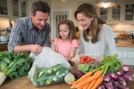 Excitement fills the kitchen as a family unpacks fresh produce together at the table, teaching the child about healthy eating and cooking choices.の素材