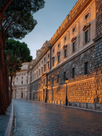 Warm sunlight softly kisses the sturdy stone wall of Vatican Palace, highlighting its detailed architecture along a quiet cobblestone road during sunset.の素材