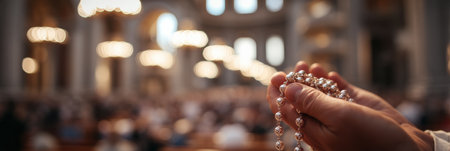 In a tranquil moment, a rosary is held with reverence inside St Peters Basilica, surrounded by soft lighting and worshipers engaged in prayer.の素材
