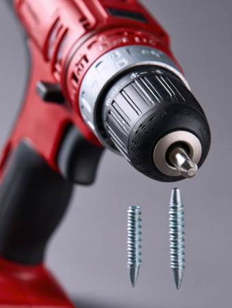 Detailed view of a power drill and screws on a gray background, emphasizing tools intended for assembling furniture or home improvement projects.の素材