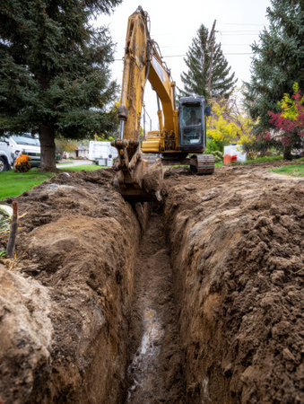Excavator digs a deep trench in a residential area, showcasing heavy machinery and surrounding vegetation on a cloudy day, highlighting construction progress.の素材