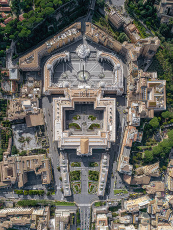 Explore the aerial view of Vatican Museums highlighting the stunning architecture and beautifully landscaped gardens, perfect for creative text placementの素材