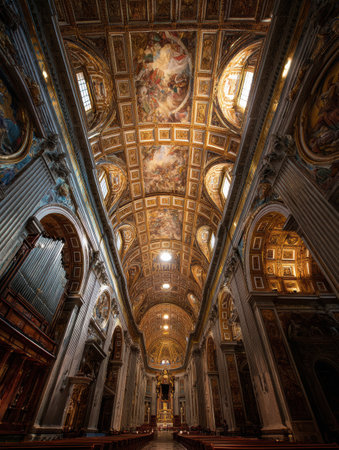 Choir members perform in the Sistine Chapel, illuminated by natural light, highlighting the exquisite artistry of the chapels upper section and architecture.の素材
