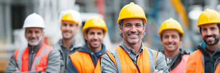 Construction workers in helmets and vests confidently display teamwork at a site during the day.の素材