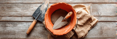 Construction tools including a trowel and plaster bucket are arranged on a plywood sheet, illuminated by soft natural light, highlighting the workspace.の素材