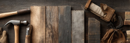 Carpenter tools are neatly arranged alongside various treated wood boards, ready for a woodworking project in a workshop setting.の素材