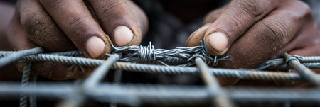 Close-up of hands skillfully tying wire on a rebar frame, showing the intricate work involved at the construction site during daylight.の素材