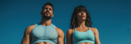 A couple stands confidently in matching activewear, enjoying a sunny atmosphere, highlighting their fitness dedication against a vibrant blue sky.の素材