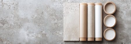 Tubes of adhesive for stone and tile sit on a textured gray surface, alongside circular containers and space for more items.の素材