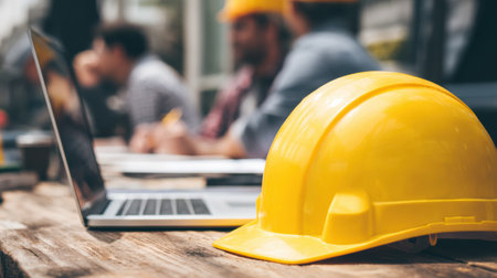 Construction professionals to gather to discuss project plans, using a laptop and safety helmet during an on-site meeting in bright daylight.の素材