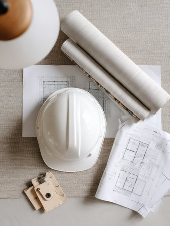 Blueprint rolls and a white helmet are laid out on a flat surface, illuminated by overhead lighting in a professional workspace.の素材
