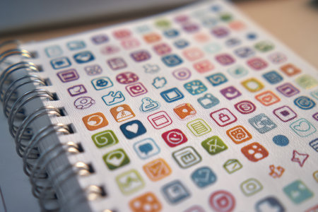 A sticker-covered notebook with digital icons rests on a wooden desk, hinting at creativity and organization.の素材