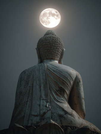 Buddha statue viewed from behind under a bright full moon, creating a tranquil atmosphere against the night sky and highlighting the statues details.の素材